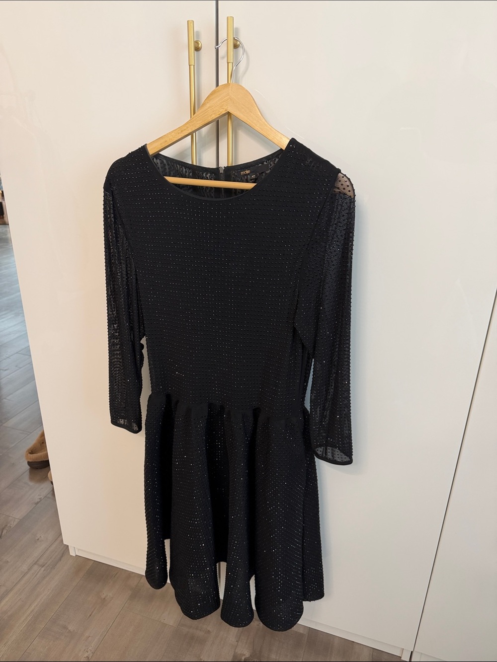 Maje Black Sparkle Fit-and-Flare Long-Sleeve Dress